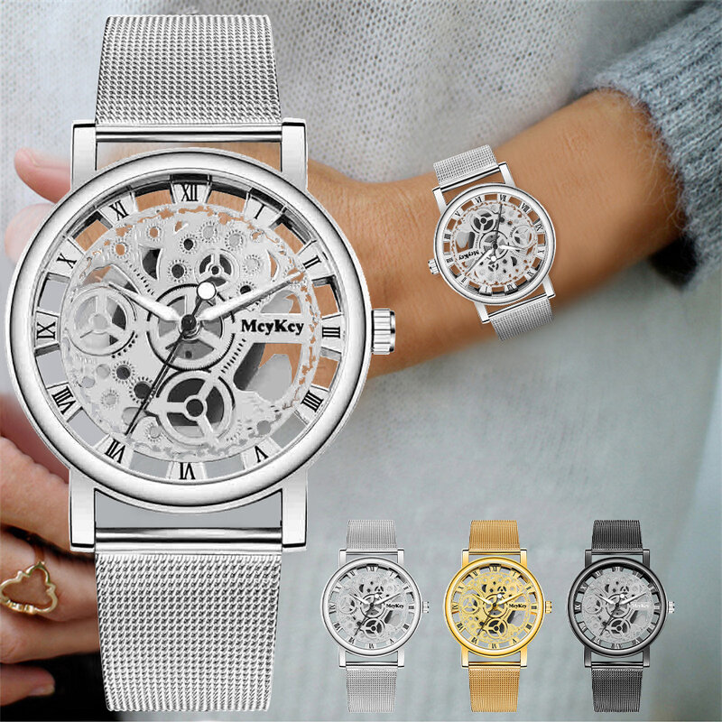 New Fashion Top Women Hollow Skeleton Faux Mechanical Watch Ladies Metal Mesh Quartz Wrist Watches For Female Relogio Feminino