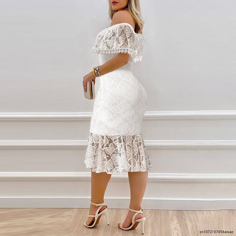 Summer New Lace Dresses Women's Fashion Sexy Straight Shoulder Collar Lace Slim Fit Fishtail Dress