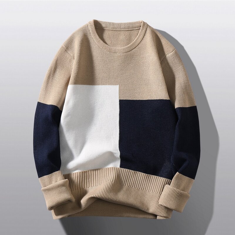 남성용 라운드 넥 스웨터, 패션 컬러 매칭, 느슨한 따뜻한 스웨터, 2022 신상