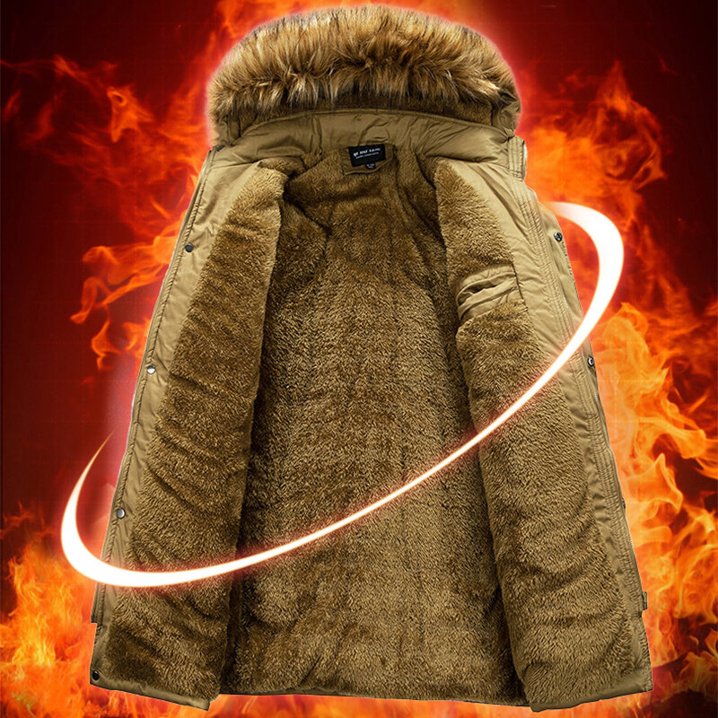 Męskie ciepłe parki zimowe polar gruby futrzany kołnierzyk długa Parka kurtka męska moda na co dzień wiatroszczelne kurtki z odpinanym kapturem płaszcz męski