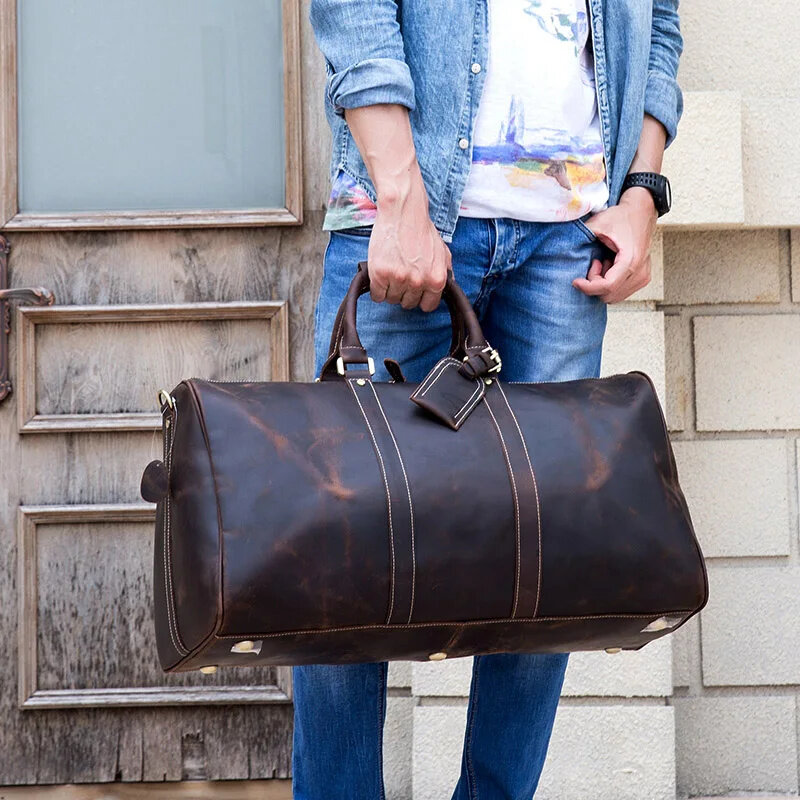 Bolso de viaje Vintage de piel auténtica para hombre, bolsa grande de piel de vaca para fin de semana, equipaje de mano, 60cm