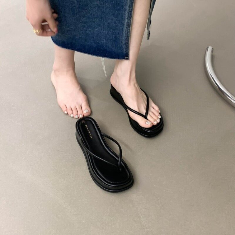 Summer Platform Beach Flip Flops Women Comfort Soft Bottom Slippers Woman Non Slip Slides Sandals Solid Wdeges Heeled Slipper