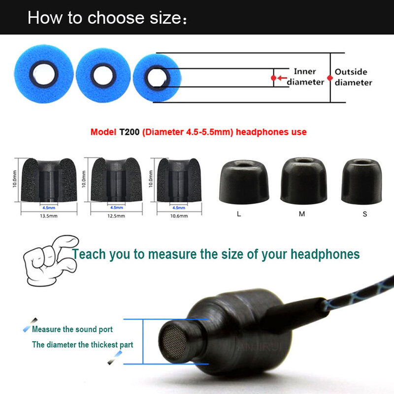6 pces/3 pares t200 memória espuma eartips (l m s) 4.5mm calibre eartips para in-ear fones de ouvido reforçada c baixo conjunto