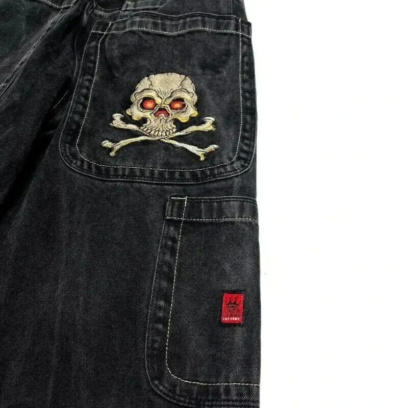 Retro wzór czaszki haftowane luźne jeansy 2024 JNCO Jeans Y2K Harajuku czarne spodnie męskie i damskie gotyckie spodnie z wysokim stanem