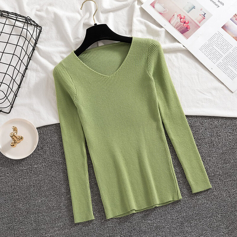 Long Sleeve Casual Knitted For Women Jumpers Autumn 2023 Winter Women Slim Sweaters V-Neck Thin Soft Knitting Pullover