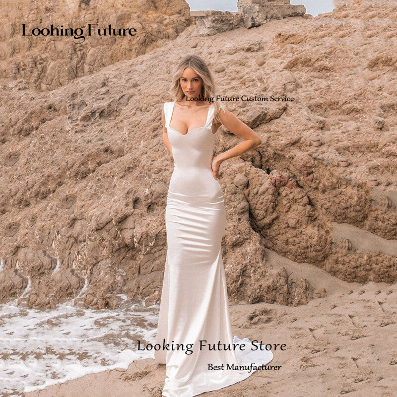 Vestido de casamento branco de praia longa para mulheres, pulseira sexy de espaguete, vestidos elegantes, plissados, sereia morden, vestido sem costas, 2024
