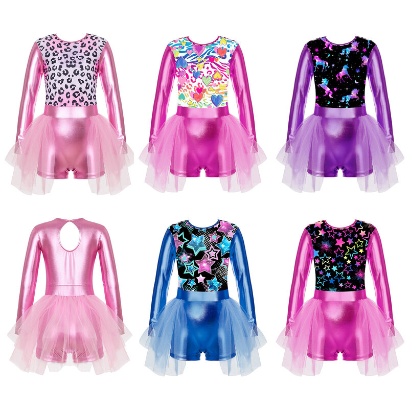Vestido de leotardo de manga larga para niñas, Ropa de baile, patinaje, Ballet, gimnasia, tutú de malla, ropa de baile, 6-16 años