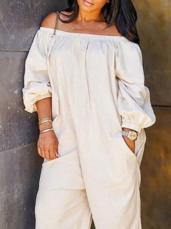 Bonboho-mono holgado de algodón y lino para mujer, traje de manga larga con hombros descubiertos, pierna ancha, color blanco, primavera y verano, 2024