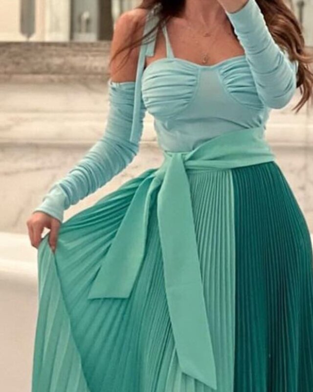 Prom Dresses Fashion Spaghetti Strap Party Dress Floor Length Off the Shoulder Long Sleeve Chiffon Ruched Formal Evening Gowns