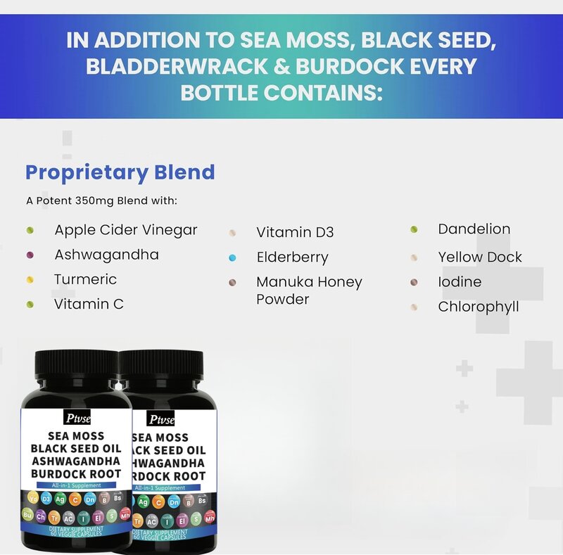 Lumut laut 3000mg, minyak biji hitam 2000mg, Afrika Selatan minum terong 1000mg, kunyit 1000mg, hitam 1000mg, burdock 1000