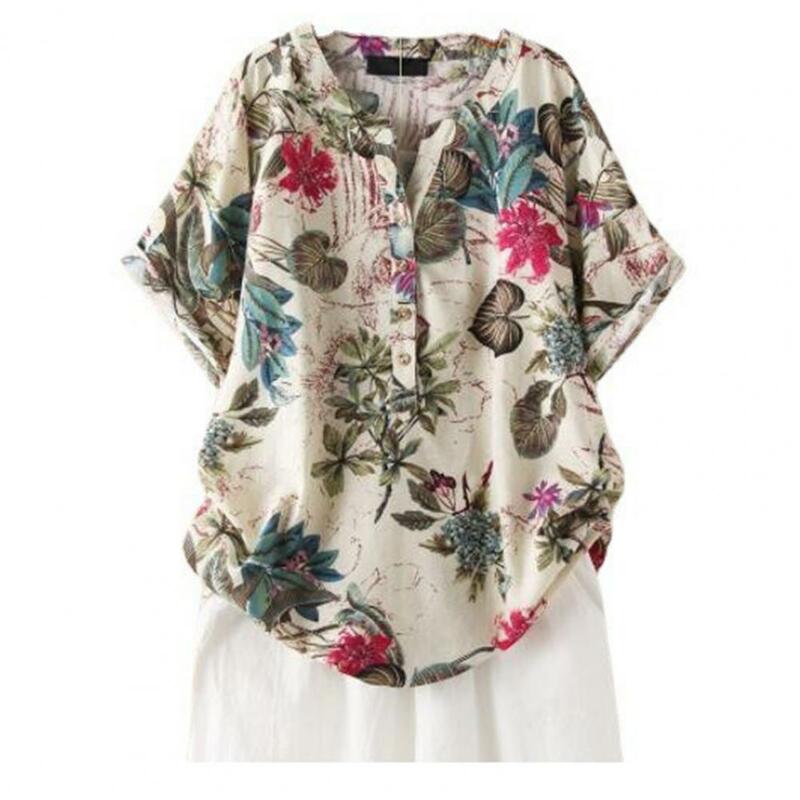 Женская блузка с полуоткрытым воротником и цветочным принтом, Повседневная Блузка в стиле ретро с круглым вырезом, женские летние топы