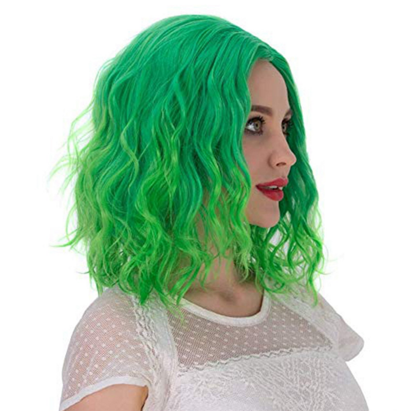Peruca curta encaracolada para mulheres, gradiente verde, fluorescente com meio partido, peruca para performance de cosparty