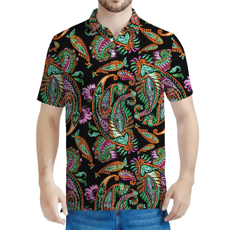 Camisa polo estampada em 3D Paisley masculina, padrão floral boêmio, manga curta, camiseta de lapela de verão, camiseta casual, preto e branco