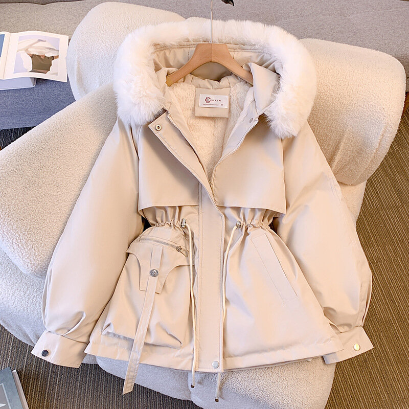 Jaket parka wanita, Luaran hangat berkerudung kasual longgar mode gaya Korea musim dingin 2023