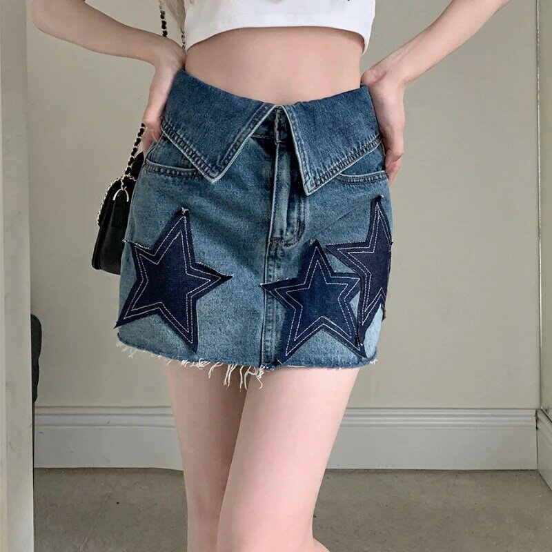 Y2k Korean style star pattern skirt women summer high waist denim mini sexy fashion design classic cool sweet college streetwear
