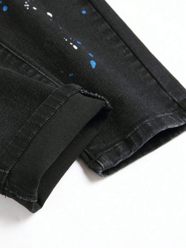 Men Stretchy Ripped Skinny Biker Embroidery Cartoon Print Jeans Destroyed Hole Slim Fit Denim High Quality Hip Hop Black Jeans