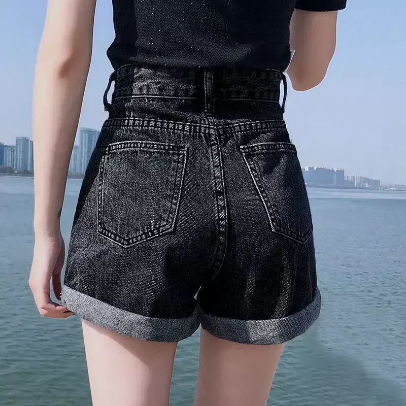 Shorts jeans soltos de cintura alta feminino, preto e cinza, verão