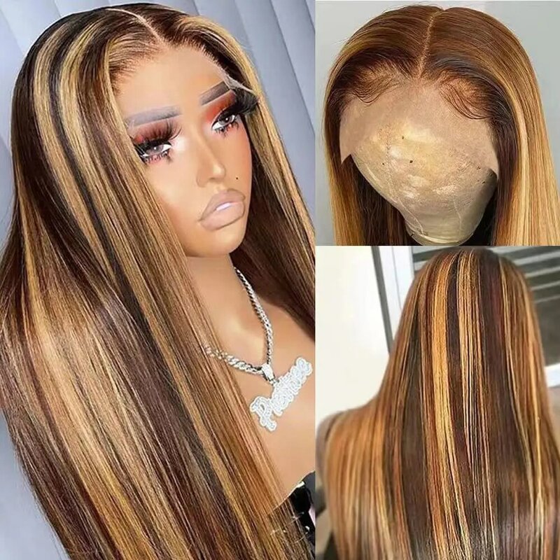30 Inch Highlight Ombre Lace Front Wig Human Hair 200% Density HD Transparent Blonde 4/27 Long Straight 13x4 Lace Front Wigs