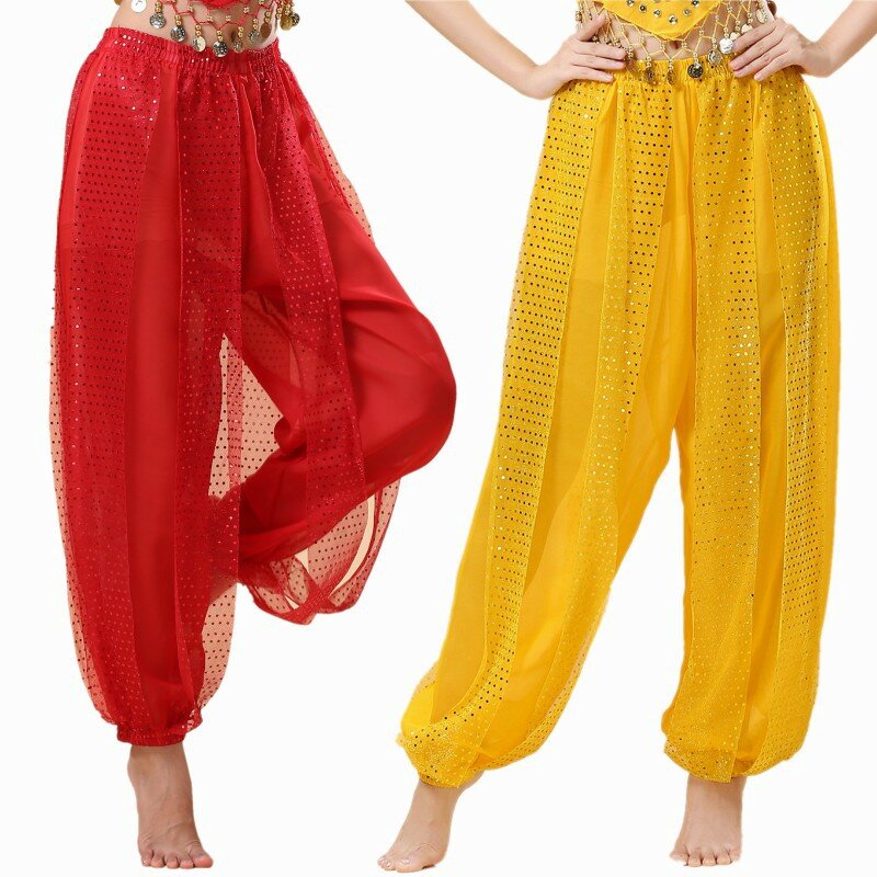 Calças harém de dança do ventre chiffon para mulheres lantejoulas brilhantes, floreiras extravagantes, calças para dançar lanterna árabe de Halloween