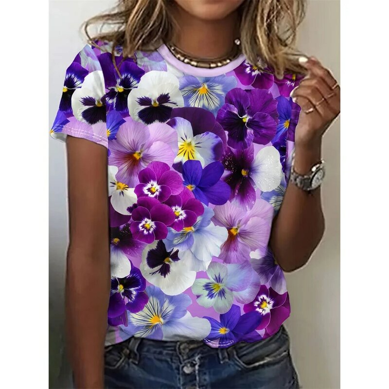 Camiseta de manga curta com estampa floral feminina, roupas femininas, tops diários, moda casual, tendência, verão