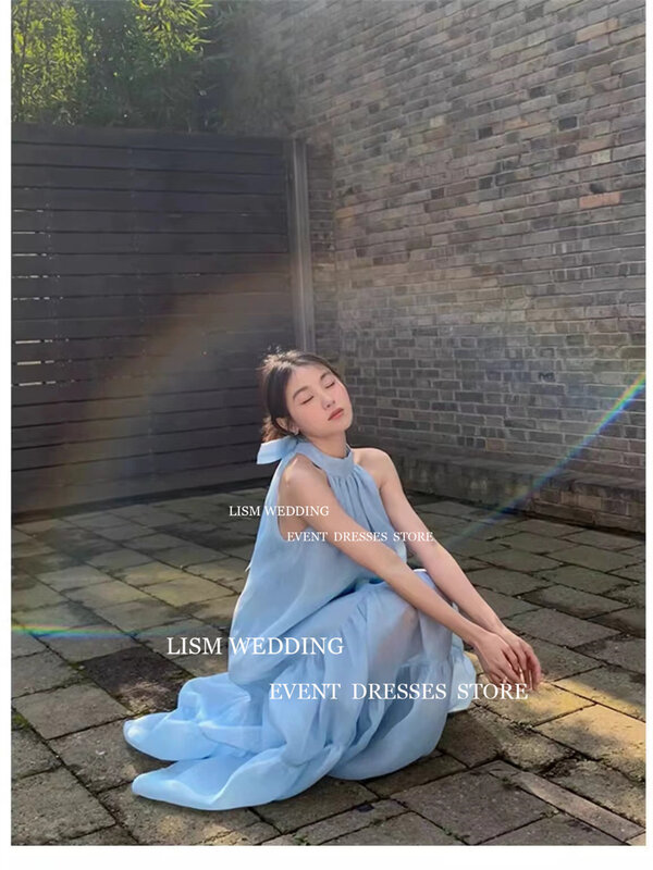 LISM-Robe de Soirée Bleu Ciel à Col Rond et Dos aux, Tenue Coréenne à Volants pour Séance Photo, Mariage, Bal de Promo, Personnalisée