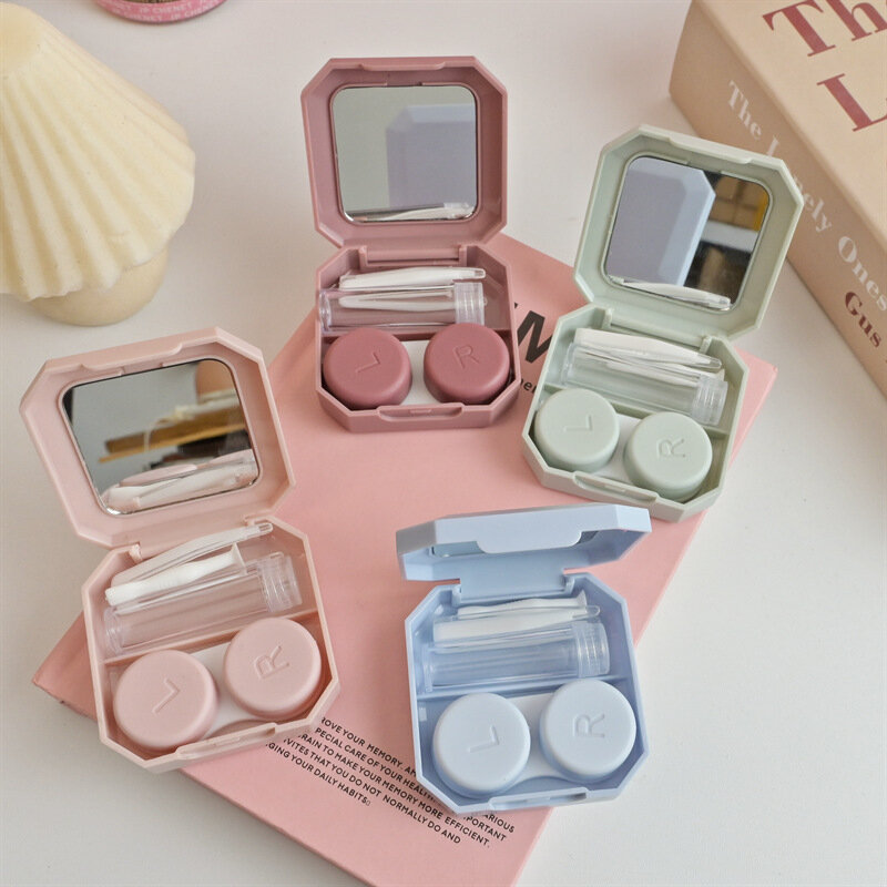 Candy Color Contact Lenses Box Solid Color Portable Contact Lens Case with Tweezer Suction Stick Set for Travel Kit Holder