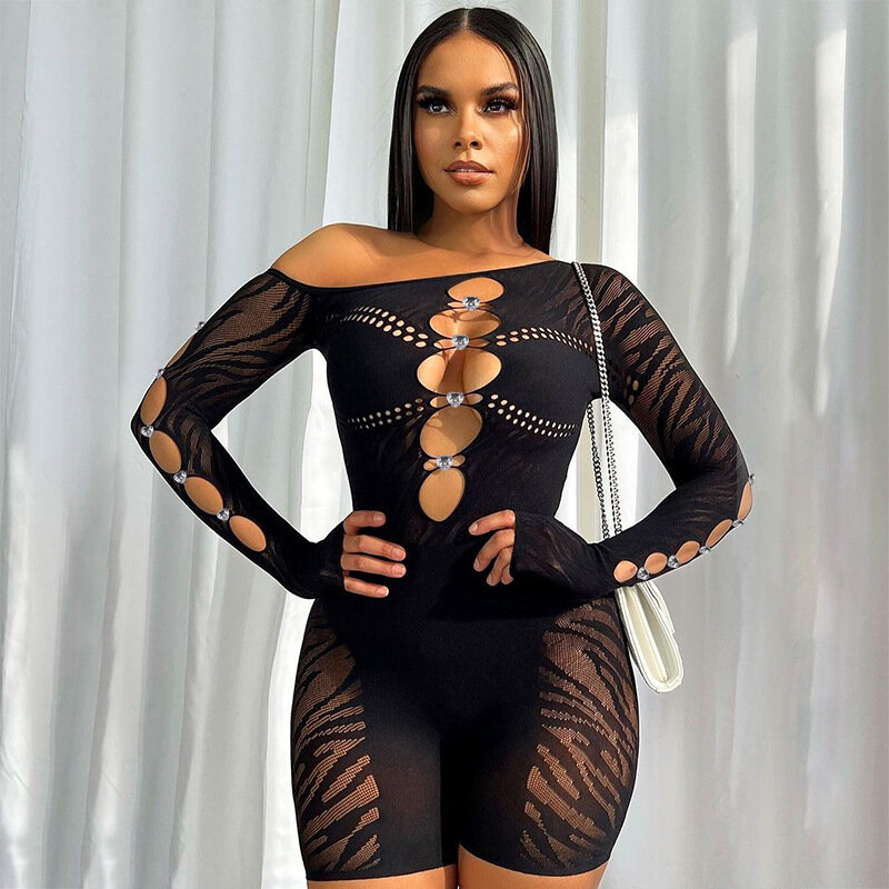 Knitted Hollow Out Diamonds Bodycon Rompers Women Autumn Oblique Shoulder Long Sleeve High Waist Skinny Playsuit Club Partywear