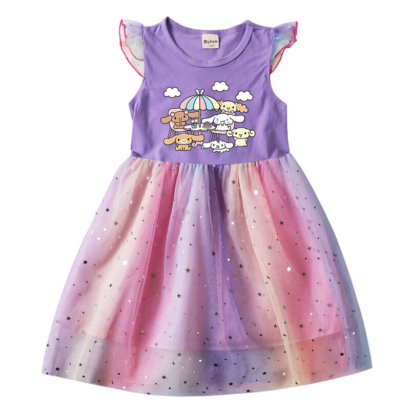 Cute Cinnamoroll Summer Kids Dresses for Girls Cartoon Short Sleeve Princess Dress Children's Prom Mesh Dresses