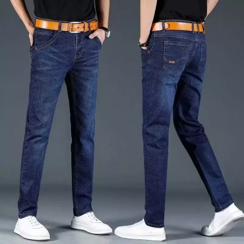 جينز رجالي كاجوال مستقيم الساق ، بنطلون عمل مريح ، بلون واحد ، تصميم عصري بحس ، الربيع ،