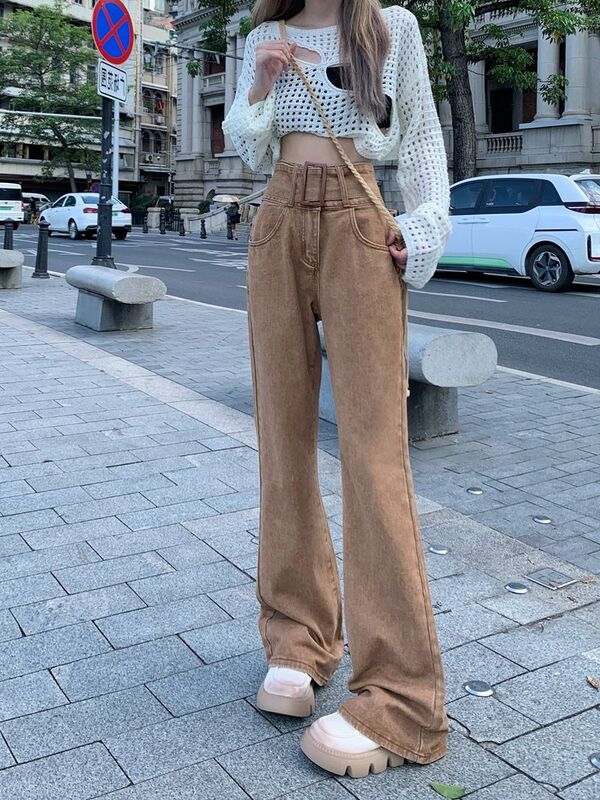 American Retro Micro-Launch Jeans Frauen hohe Taille Herbst Winter Design Sinn Nische braun gerade High Street Hosen Flut