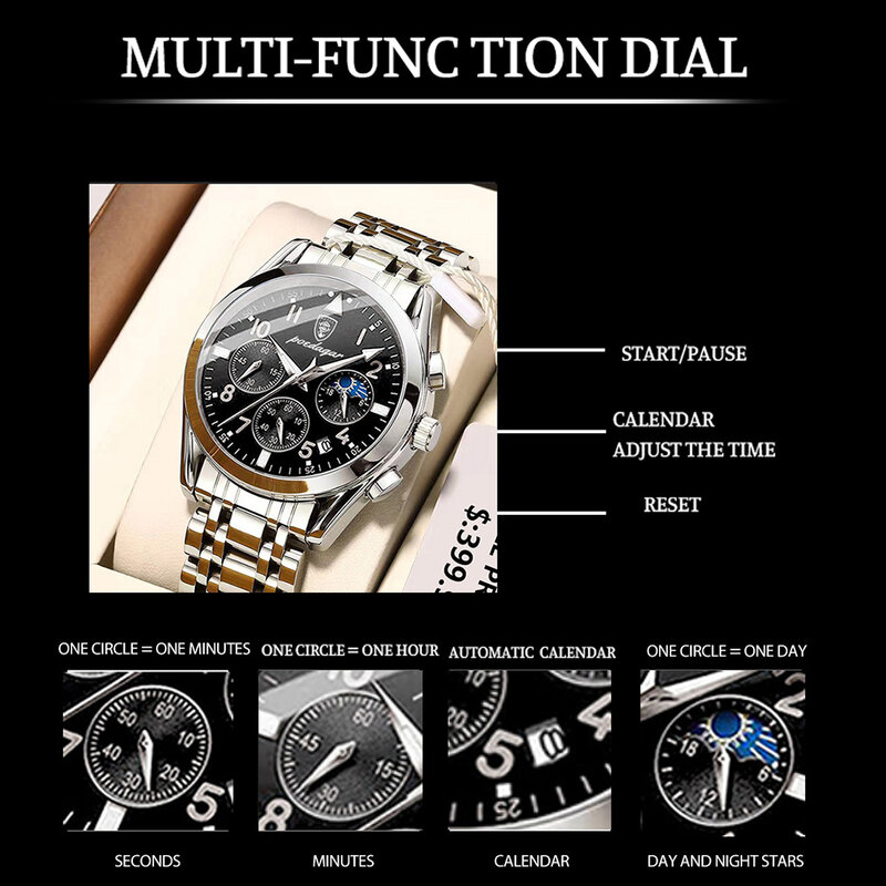 POEDAGAR-Relógio de quartzo cronógrafo de luxo masculino, aço inoxidável, impermeável, luminoso, data semana, relógio de pulso comercial, top