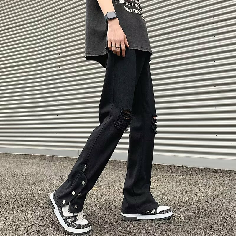 Frühling neue y2k Techwear Herren Loch Denim Hose Mode zerrissen schwarze Jeans Hip Hop Vintage Jean Mann Reiß verschluss lässig Jean Homme 바지