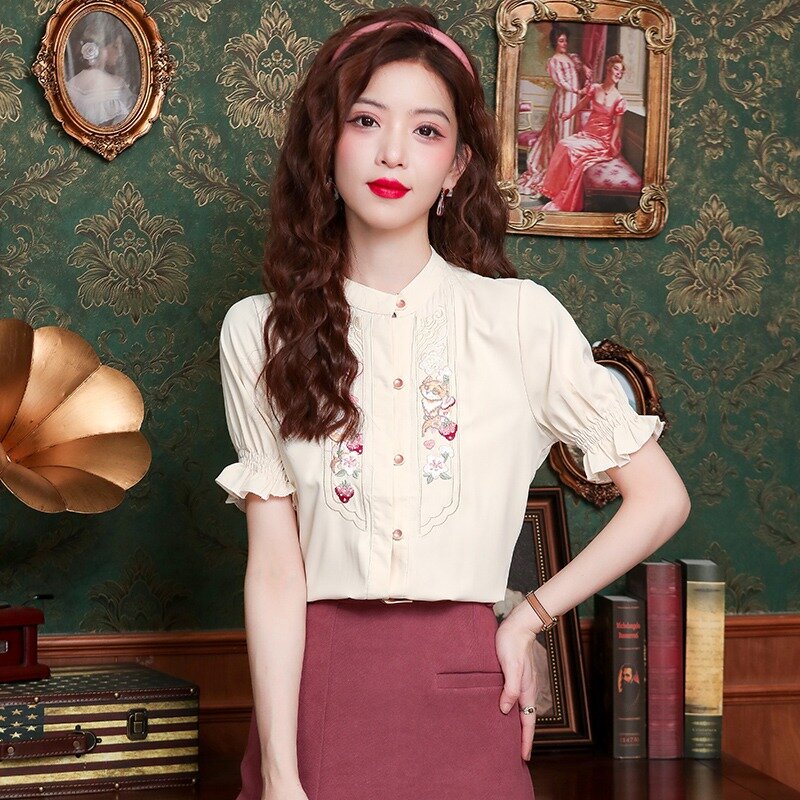 Chiffon Embroidery Women's Shirt Summer Flower Chinese Style Blouses Loose Short Sleeve Women Tops Fashion Clothing YCMYUNYAN