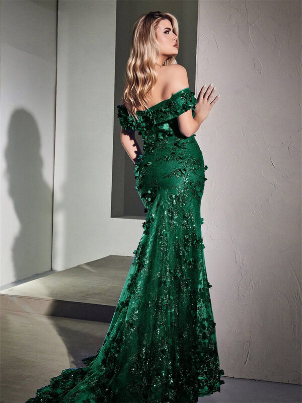 Gaun malam bahu terbuka elegan 2024 gaun belah samping seksi gaun pesta motif bunga 3D Vestidos De Novia