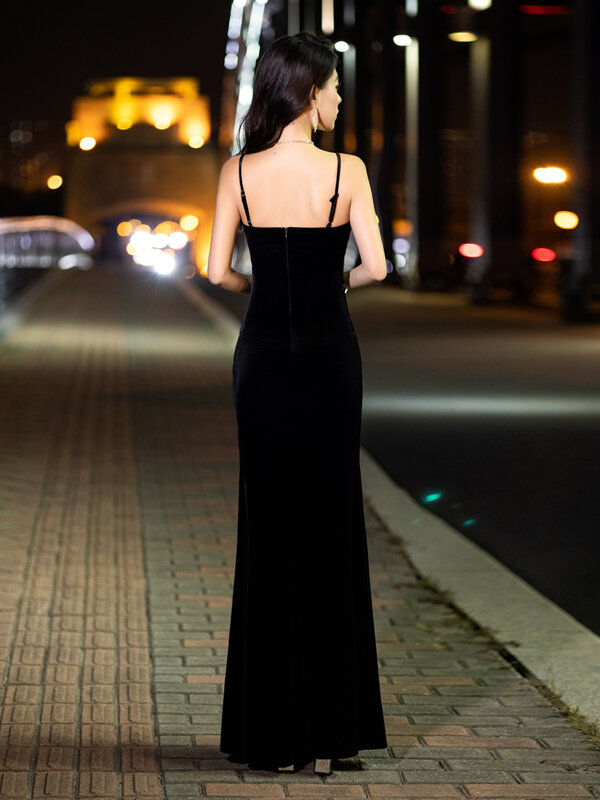 Высококачественное вечернее платье, роскошное банкетное, бархатное черное темпераментное, вечернее платье для вечеринки, элегантные платья для женщин