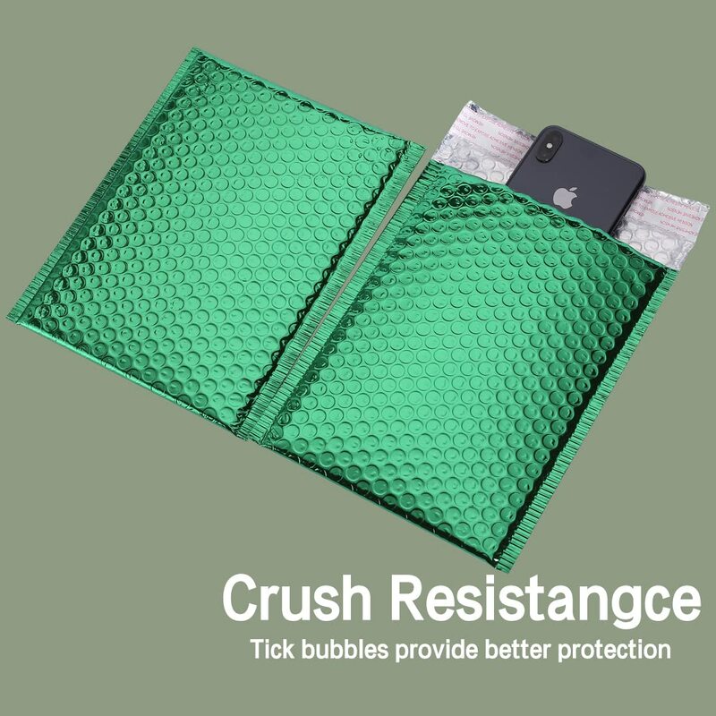 Acolchados sobres de plástico de burbujas, bolsas de envío de polietileno, color verde metálico, 30 piezas, 18x23cm