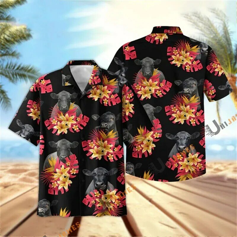 Camisas gráficas de flores masculinas, Animel Blusa 3D, blusa casual de lapela, blusa havaiana, roupas da moda, verão