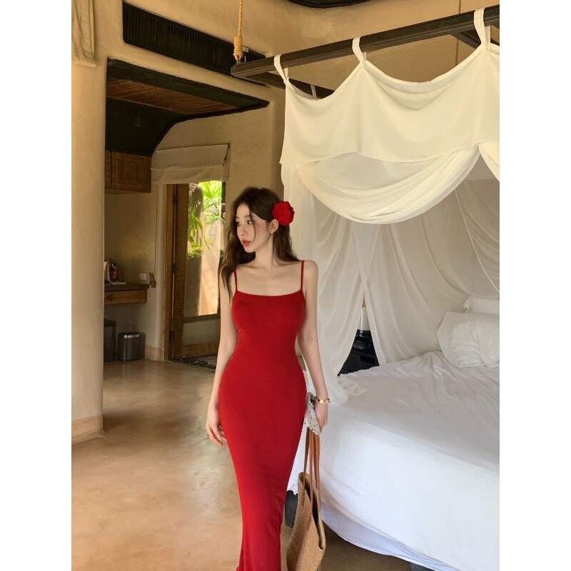 Czerwona sukienka z halką na ramiączkach, pikantna sukienka dziewczęca, nowa długa spódnica na lato damska, spódnica owinięta biodrami, spódnica w stylu imperialnym, sukienka z rybim ogonem