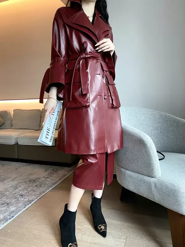 여성용 레이스 업 기질 코트 정장 칼라 벨 슬리브 트렌치 코트, 양피 정품 가죽 의류
