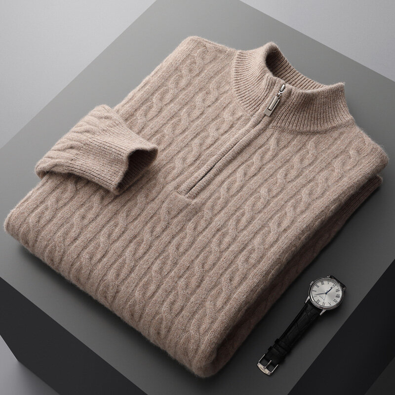 Men's 100% merino wool solid color twisted round neck business casual loose autumn and winter new knitted cashmere sweater top.