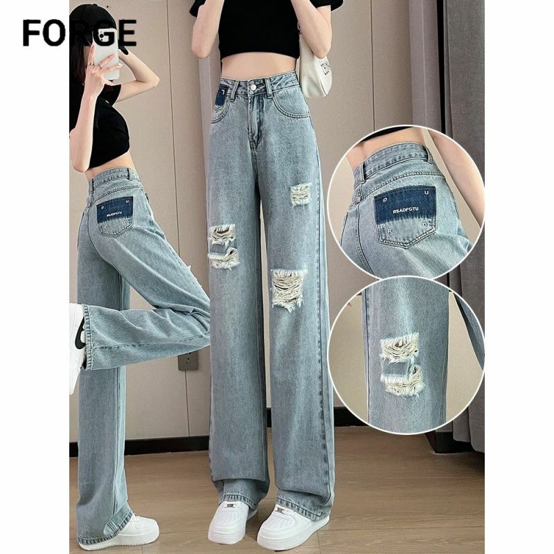 Straight Perforated Fashion Jeans Spring/Summer Korean Edition New High Waist Versatile Loose Wide Leg Pants