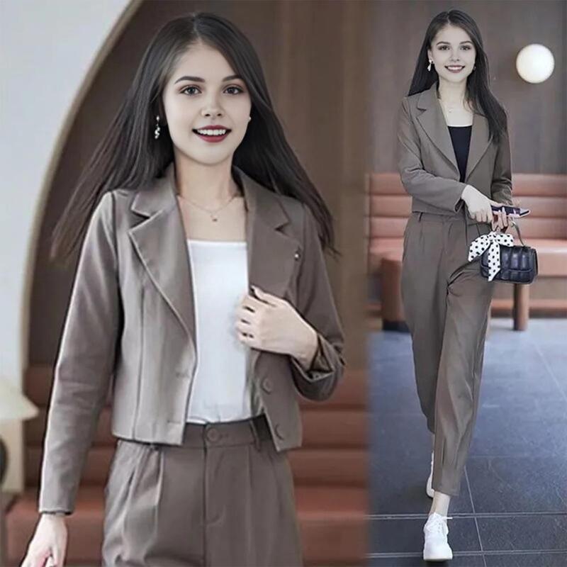 Lady Formal Clothes Stylish Women's Formal Commute Outfit Lapel Double Buttons Cardigan Jacket with High Waist Solid Color