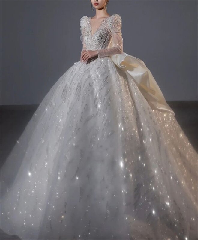 Женское роскошное бальное платье, свадебное платье с блестками и жемчугом, свадебное платье с V-образным вырезом, длинными рукавами и бабочкой на спине
