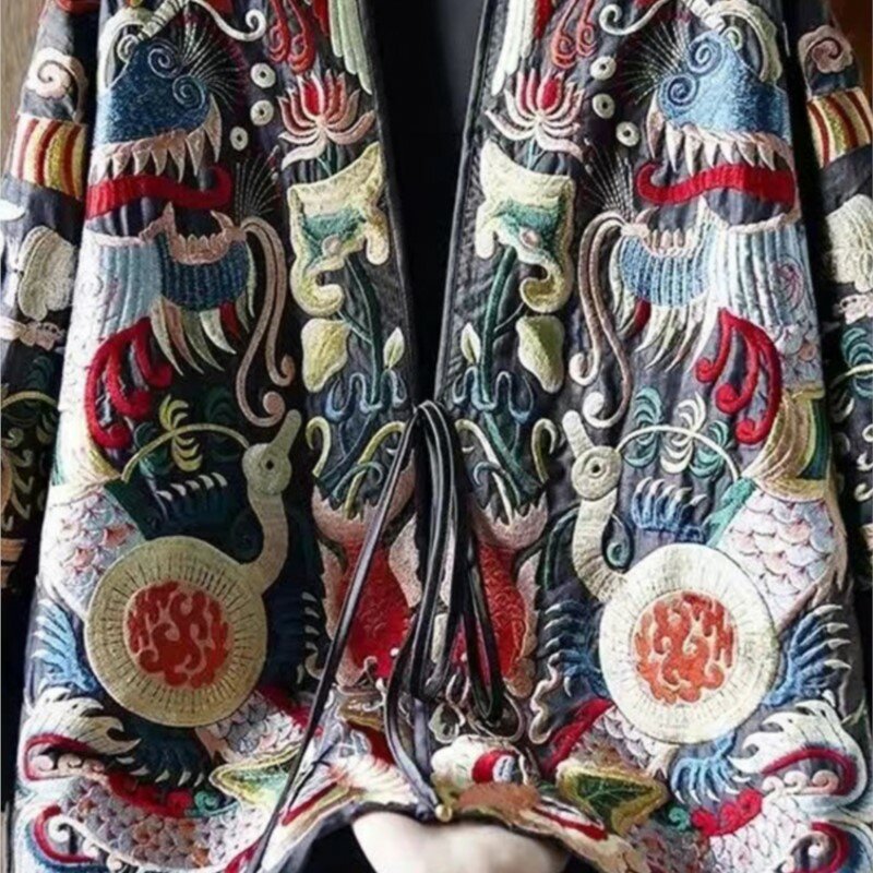 Mantel pendek benang Xiangyun sutra buatan, atasan kardigan lengan panjang cetak gaya nasional industri berat