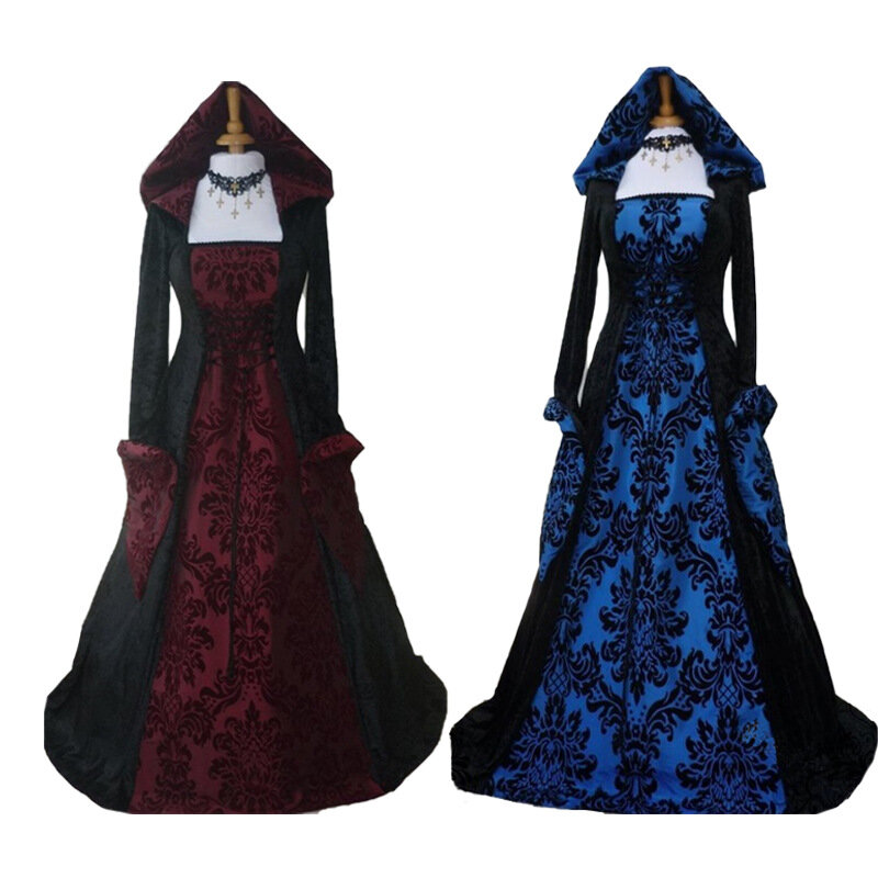 Robe évasée à capuche Queen Medieval pour femme, manches longues, taille à lacets, art imprimé