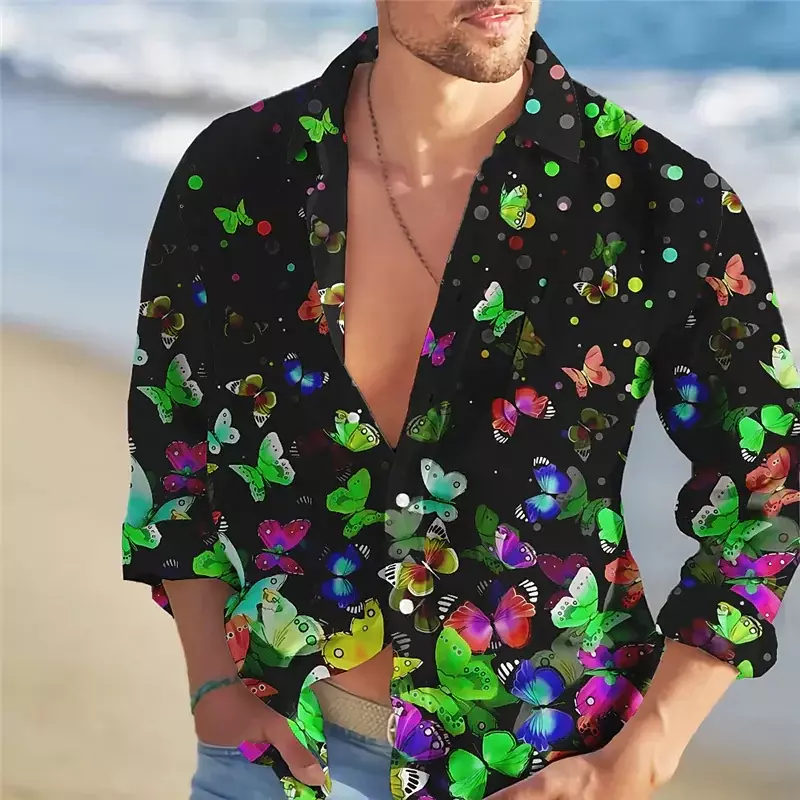 Shirt men's lapel long sleeves spring and summer creative butterfly flower and bird 3D printing pattern casual and comfortable
