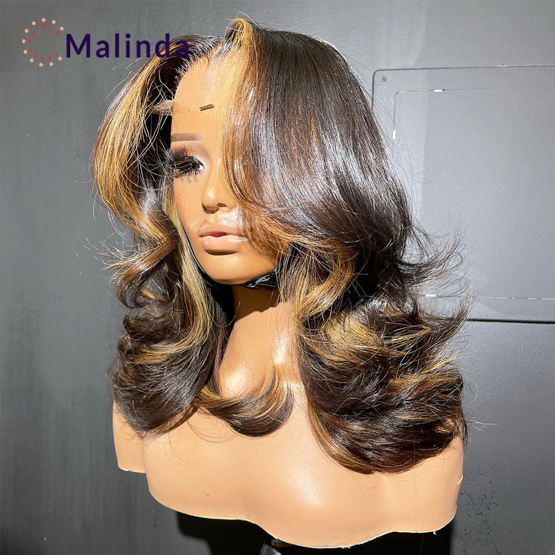 Wig rambut manusia Frontal renda transparan berwarna ombak dalam longgar tanpa lem 13x4 dengan ketebalan 250% pirang pendek untuk wanita