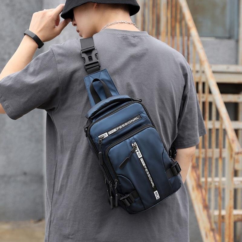 Mochila de nylon para homens, bolsa de ombro cruzada com porta de carregamento, mochila de viagem, mochila masculina