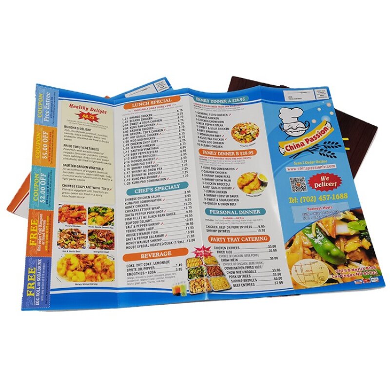 Customized product.Custom printing Promotional Paper Poster 70lb Full Color A3-fold flyer Restaurant Menu Leaflet