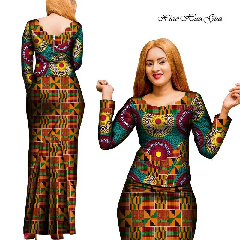 2 pezzi gonna e Top Set abiti africani per le donne stampa africana camicetta a maniche lunghe da donna e gonna lunga Ankara Outfit WY8008